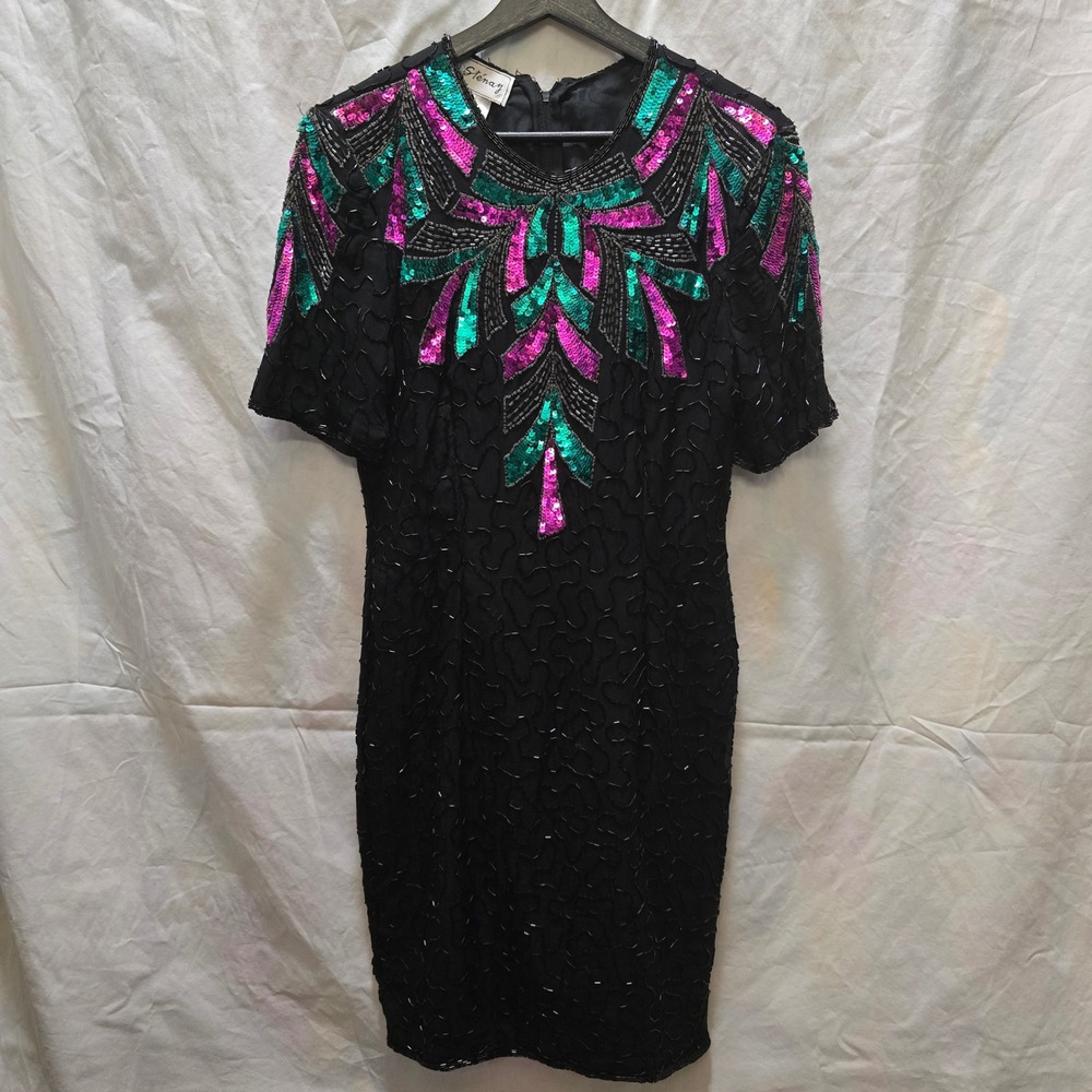 Stenay‎ Black Silk Beaded Sequin Dress Party Cocktail Evening Vintage Size 10